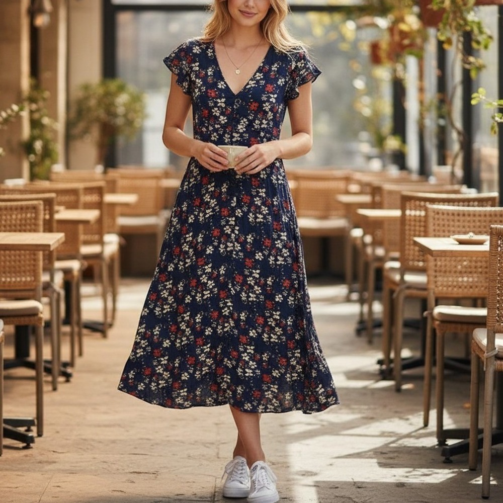 Sanctuary Navy Blue Floral Flutter Sleeve Maxi Dressβ Small Cottage Core Prairie